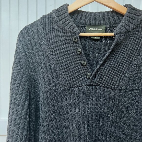 Eddie Bauer Gray Knit Long Sleeve Pullover Sweater 100% Cotton Winter Buttons - Picture 1 of 8